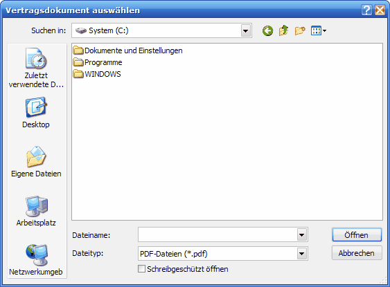 Windows Dialogfenster Vertragsdokument auswählen