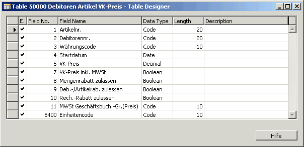 Die neue Tabelle 50000 Debitoren Artikel VK-Preis - Table Designer