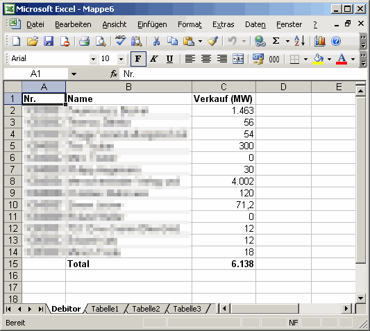 Ausgabe in Microsoft Excel