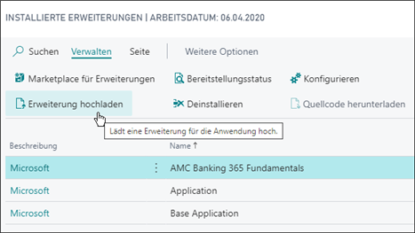 Erweiterungsverwaltung in Business Central "Erweiterung hochladen"