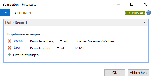 Bearbeiten der Filterseite "Date Record"